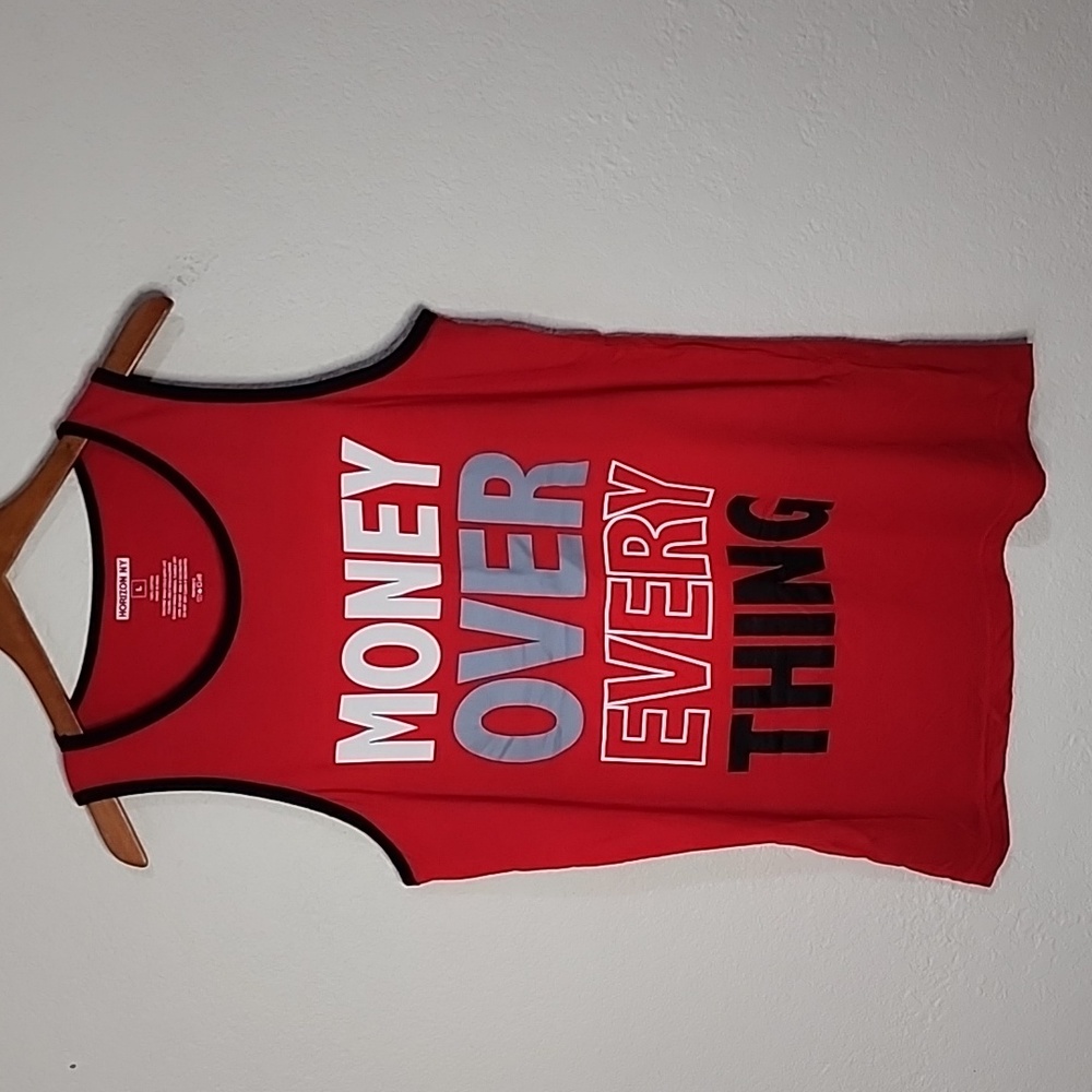 Horizon NY Red White Black & Gray MONEY OVER EVERYTHING  Graphic Tank Top Sz. L